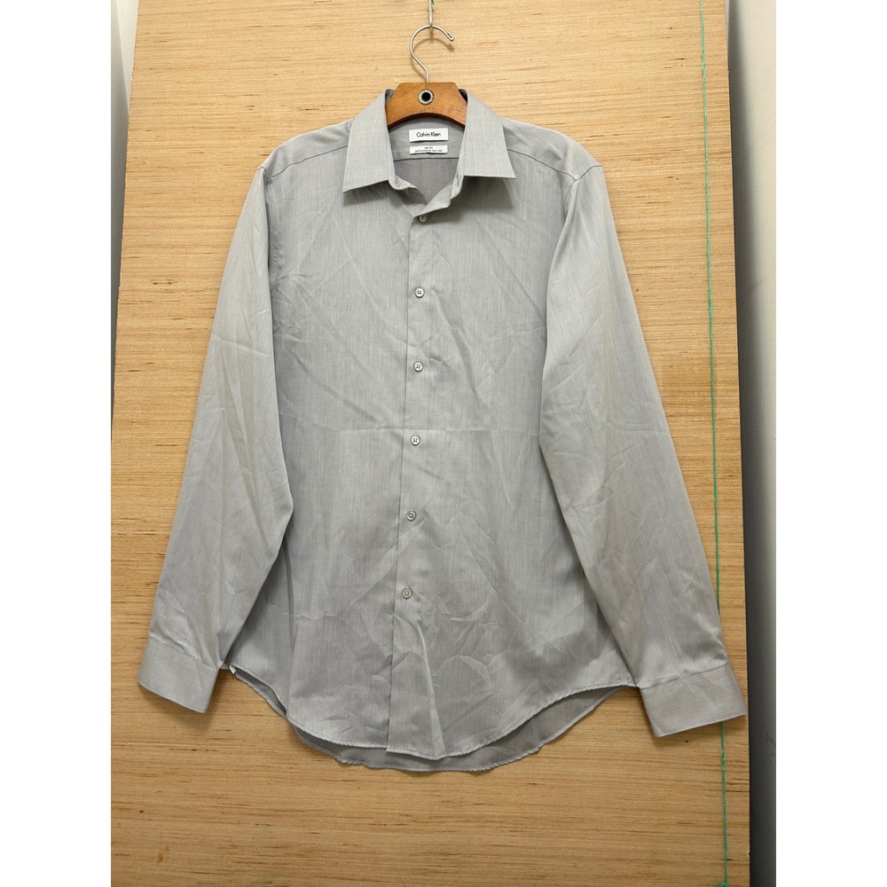 Calvin‎ Klein Slim Fit Grey Performance Non-Iron Long Sleeve Dress Shirt Mens